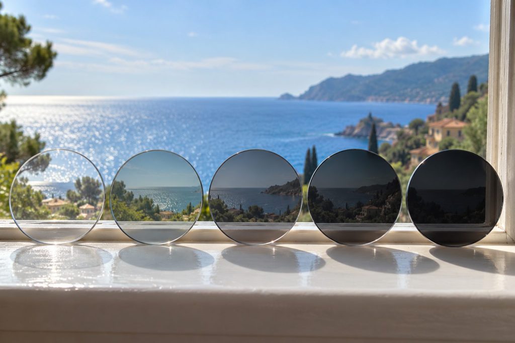 Cinque lenti da sole dalla categoria 0 alla 4 allineate davanti al mare