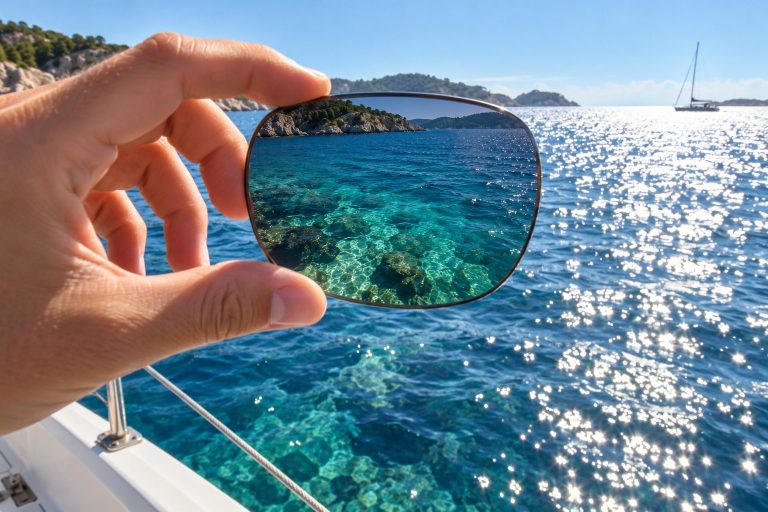 Una lente polarizzata tenuta sopra il mare elimina il riverbero e mostra il fondale