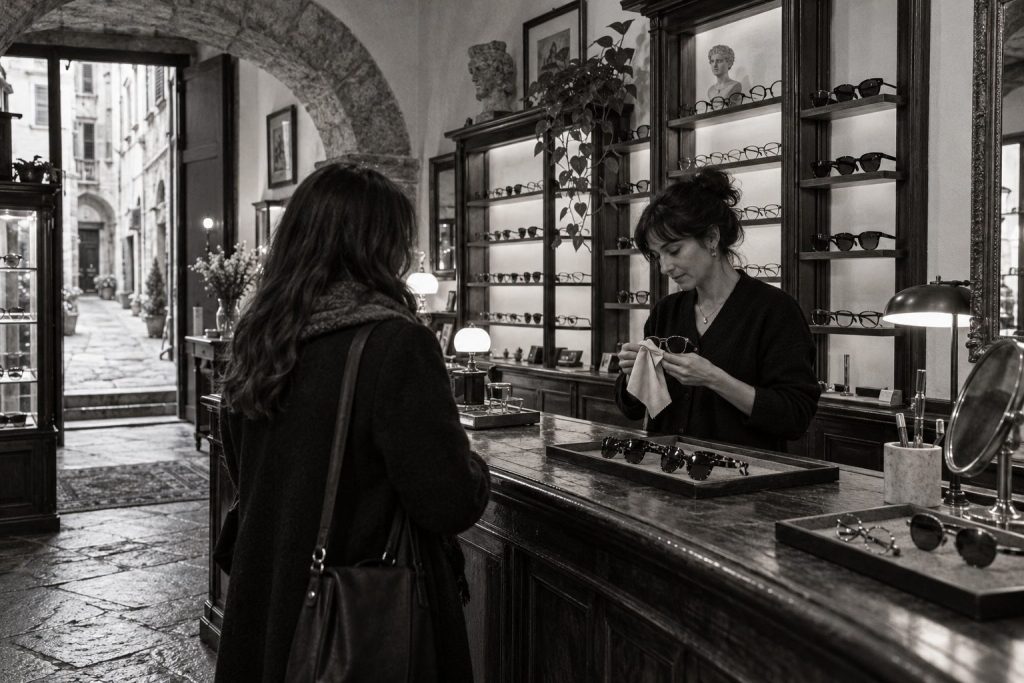 Il banco della bottega Lavta a Genova con l'ottica che pulisce una montatura