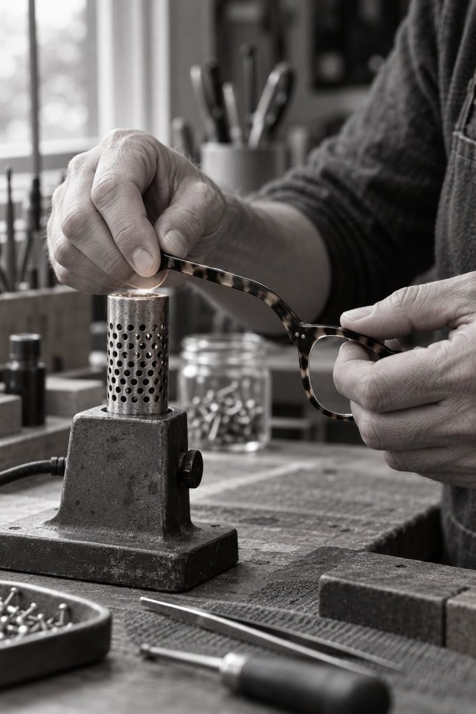 Mani dell'ottico che scaldano e regolano l'asta di una montatura in acetato