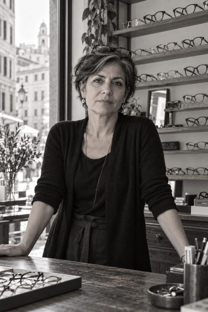 Ritratto dell'ottica optometrista dietro il banco della bottega