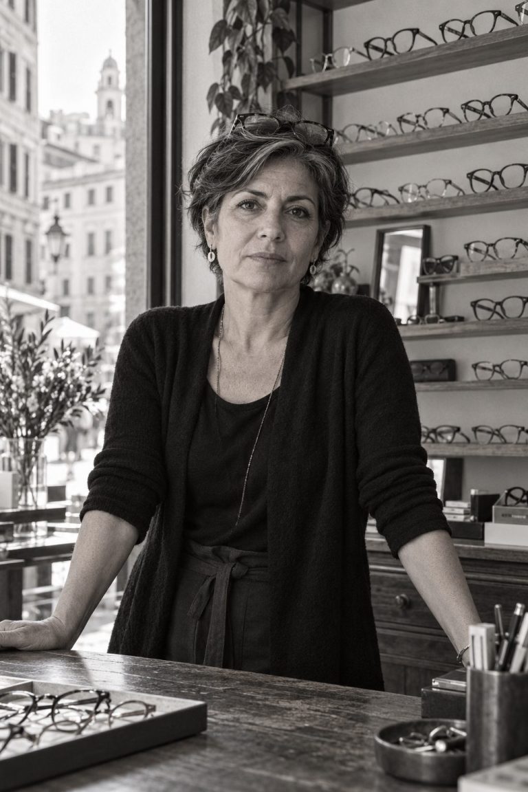 Ritratto dell'ottica optometrista dietro il banco della bottega