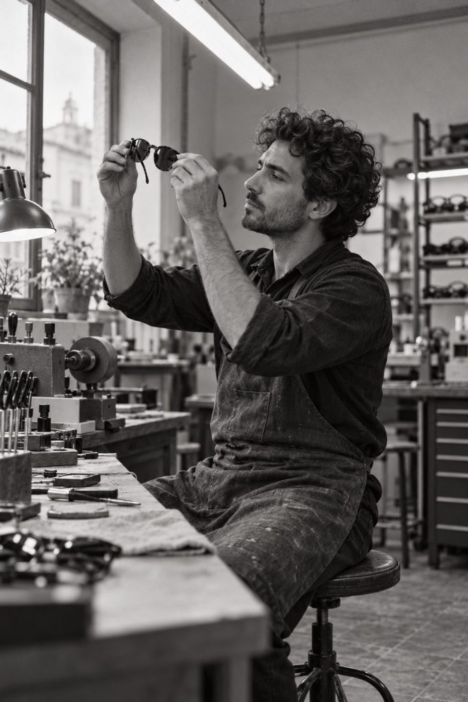 Il tecnico del laboratorio controlla un paio di occhiali da sole controluce