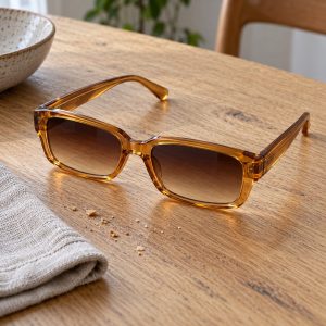 Occhiali da sole rettangolari Maestrale in acetato miele con lenti sfumate su tavolo in rovere