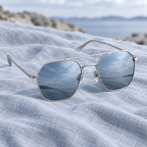 Occhiali da sole esagonali Levante in metallo argento con lenti specchiate blu su lino
