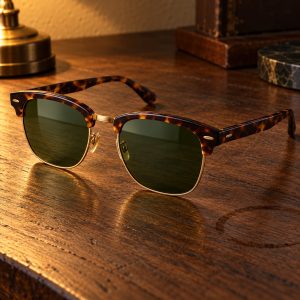 Occhiali da sole browline Sori in acetato tartaruga e metallo dorato su legno di noce