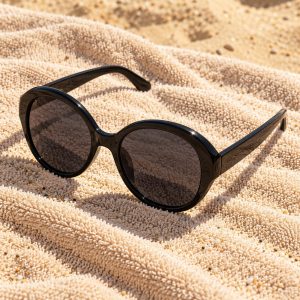 Occhiali da sole oversize rotondi Darsena in acetato nero su telo da spiaggia