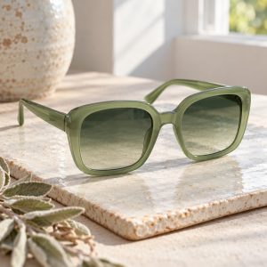Occhiali da sole squadrati Recco in bio-acetato verde salvia su piastrella in ceramica