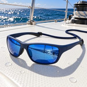 Occhiali da sole sportivi Bolina in nylon blu con lenti specchiate e cordino sul ponte di una barca