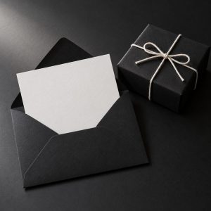 Carta regalo Lavta: biglietto bianco in busta nera accanto a una scatola nera con spago