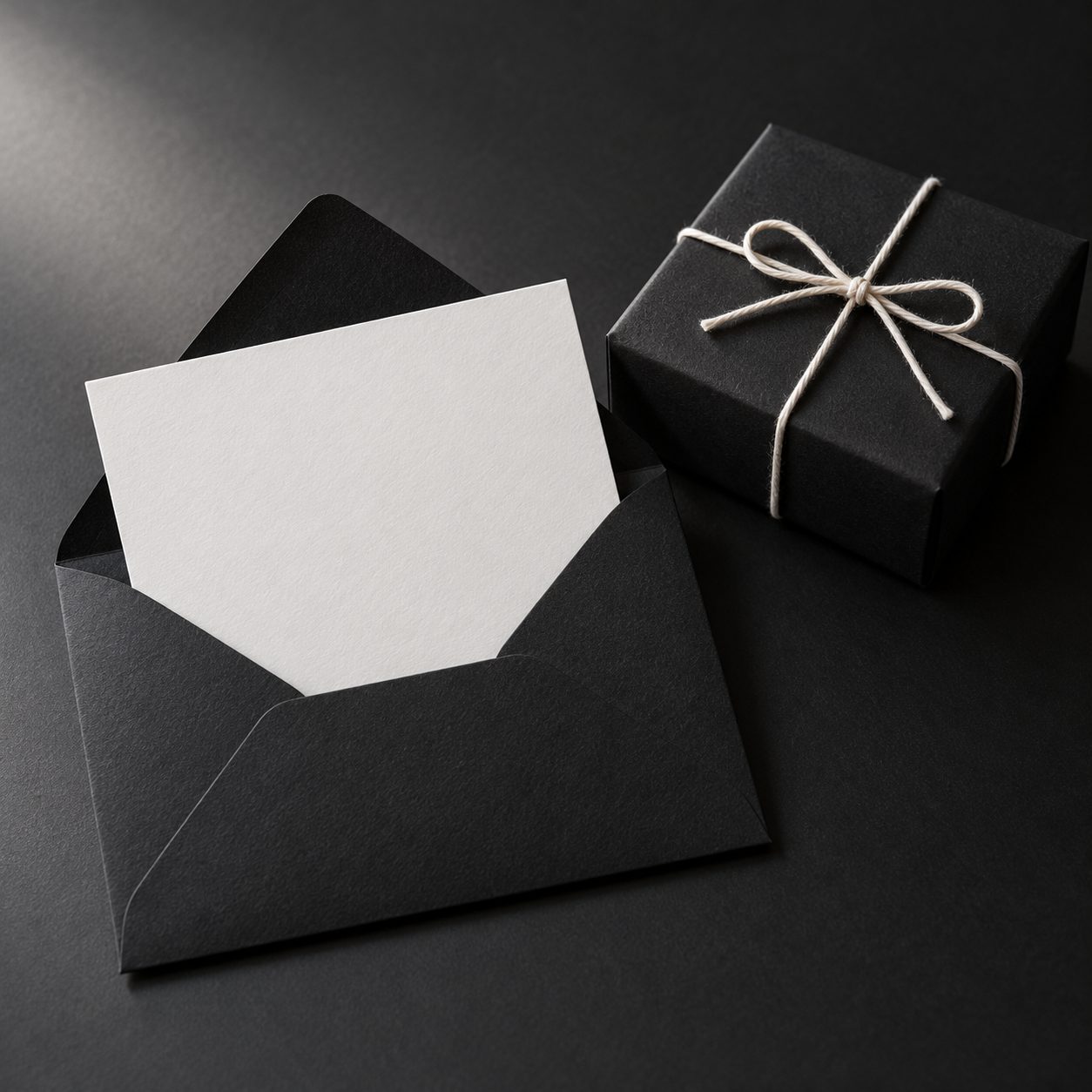 Carta regalo Lavta: biglietto bianco in busta nera accanto a una scatola nera con spago